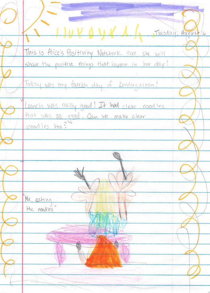 A scan of Alice's first journal entry with a drawing of her enjoying her "brown noodles."