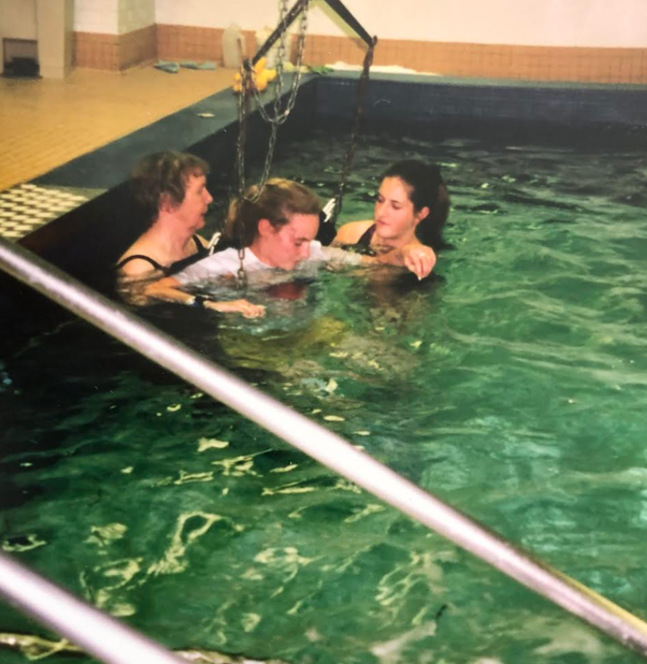 The author at the hospital doing pool therapy after her car accident in 1997. "They used a lift to get me into the pool," she writes.